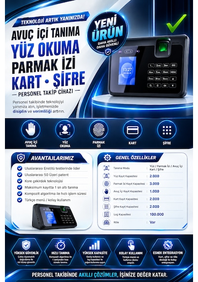 Avuç Okuma-yüz Okuma-parmak İzi Okuma Ve Kartlı Personel Kontrol Cihazı -giriş-çıkış Yazılımı Ve 15 Kart Hediye