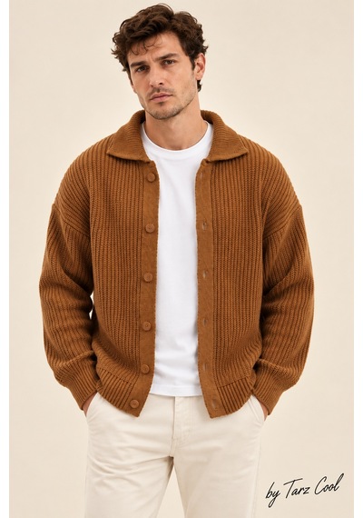 Tarz Cool Erkek Düğme Detaylı Regular Fit Hırka Hardal