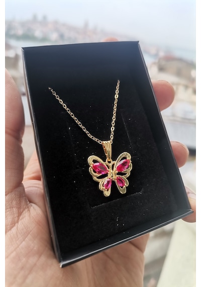 Ervanur Altın Kaplama Fuşya Zirkon Taşlı Kelebek Kolye Altın