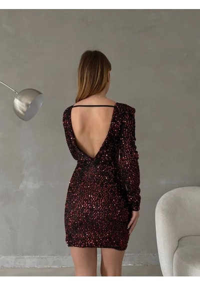 Saklımoda Kadın Uzun Kollu Vatka Detay Full Pul Payet Mini Elbise Kırmızı