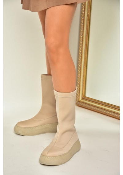 Fox Shoes T811230904 Bej Kumaş Kalın Tabanlı Kadın Bot Bej-kumaş Bej