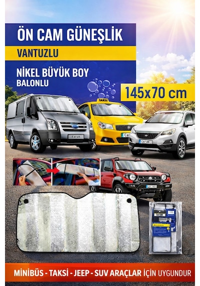 Oto Ön Cam Güneşlik Vantuzlu 145x70 Cm Nikel Büyük Boy Minibüs Taksi Suv Jeep Araç Güneşliği