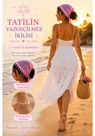 Kadın El Örgüsü Üçgen Bandana Halhal Ayak Bilekliği Hediyeli Bohem Yazlık Saç Bandanası Plaj Tatil Festival Aksesuarı Pembe