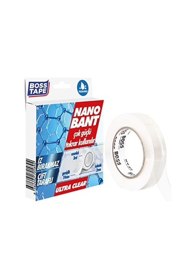 Boss Tape Tarafli Nano Bant, 19 Mm X 3 Mt Boyut, Seffaf Çift