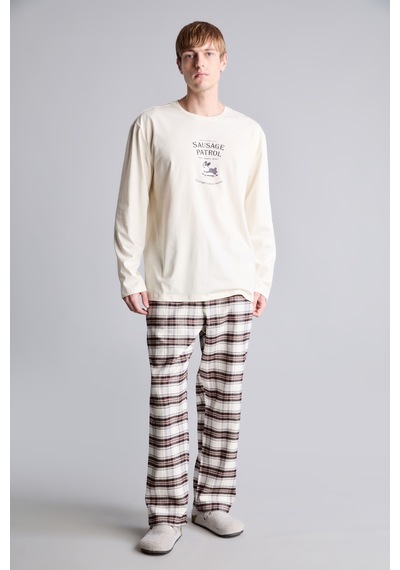 Defacto %100 Pamuk Baskılı Ekoseli New Regular Fit Uzun Kollu 2li Flanel Pijama Takımı H9920ax26auer238 Ekru-er238