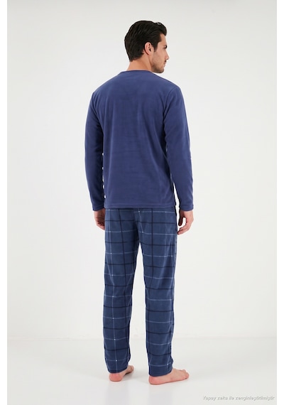 Buratti Ekoseli Bisiklet Yaka Yumuşak Dokulu Polar Pijama Takımı Erkek Pijama Takımı 6097064 İndigo