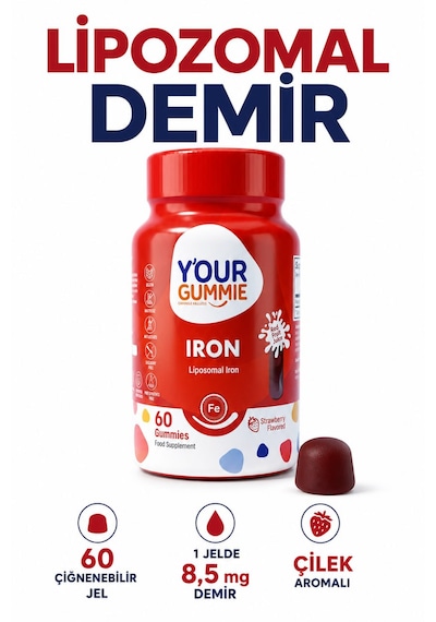 Y'our Gummie Iron Lipofer Demir Takviyesi Çilek Aromalı 60 Çiğnenebilir Jel