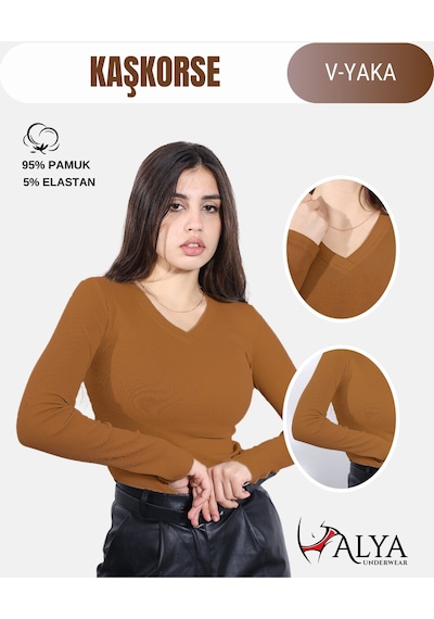 Alya Underwear Pamuklu Kaşkorse V Yaka Body Sweatshirt, Fitilli Kumaş Likralı Bluz, Asker Yeşili Badi Kahve