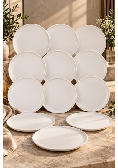 Atbyhome 12'li Beyaz Porselen Servis Tabağı Seti 26 Cm - Düz Kenar Büyük Boy Ana Yemek Ve Sunum Tabağı Takımı