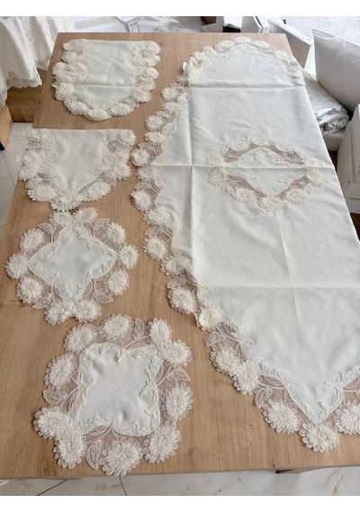 Salon Takımı Çeyizlik Krem Runner Set 5 Parça Keten Masa Örtüsü Runneri Flowers Sarı