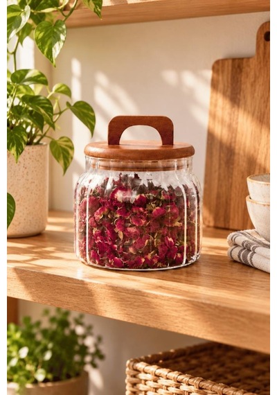 Atbyhome Akasya Kapaklı Çizgili Borosilikat Cam Kavanoz 850 Ml - Vakumlu Büyük Boy Erzak Bakliyat Saklama Kabı
