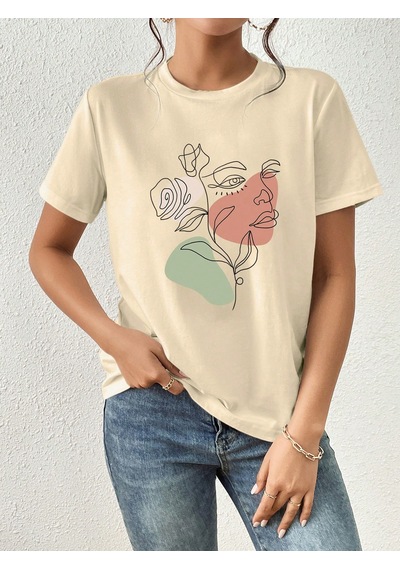 Portrait & Flower Baskılı Oversize Tshirt Bej