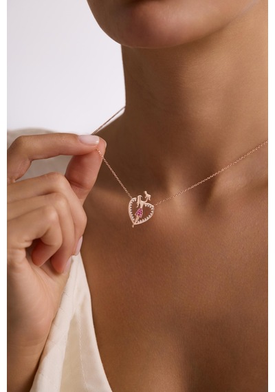 925 Ayar Gümüş Rose Kaplama Kalp Model Pembe Taşlı Anne Bebek Kolye Rose Gold
