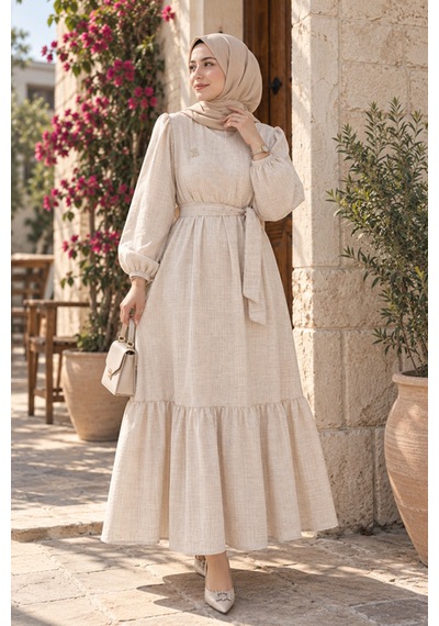 Maşuka Bej Renk Nada Kumaş Kuşaklı Broş Detaylı Yazlık Bohem Elbise Soft Bej Soft Bej