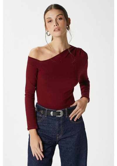 Ritnice Kadın Maje Lux Touch Omuz Detay Bordo Bluz Bordo
