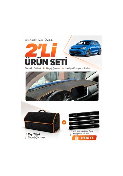E-biz Kia Rio 2019-2024 Uyumlu Torpido Örtüsü + Tay Tüyü Bagaj Çantası - Siyah-kahverengi - Kı014