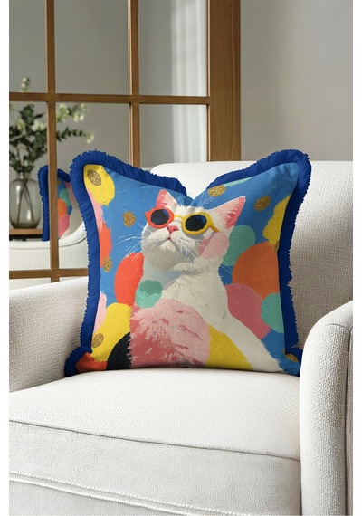 Renkli Kedi Figürlü Pop Art Saçaklı Yastık Kılıfı - Eğlenceli Pembe Lacivert Püsküllü Kırlent Kılıfı Serin Lagün Lime