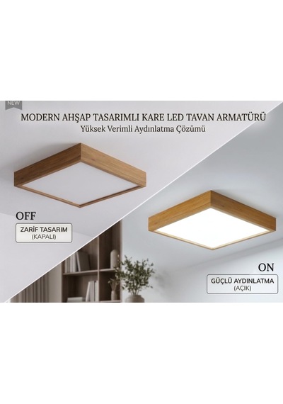 Atlantik Çam Ahşap Çerçeveli Led Panel Aydınlatma Enerji Tasarruflu Avize 60x60 Cm 6500k Beyaz Işık Diğer