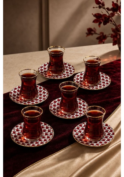 Modern 6 Kişilik Geometrik Desenli Çay Seti 12 Parça Gold Detaylı Kırmızı