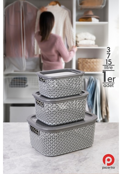 3 Boy Çok Amaçlı Kapaklı Sepet Kutu Organizer / Xl Çamaşır Sepeti - L Banyo Sepeti- M Organizer Gri Gri
