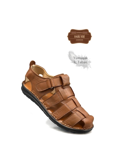 Sermoda Hakiki Deri Burnu Kapalı Erkek Sandalet Taba