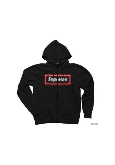 Supreme Neon Siyah Fermuarlı Kapşonlu Sweatshirt