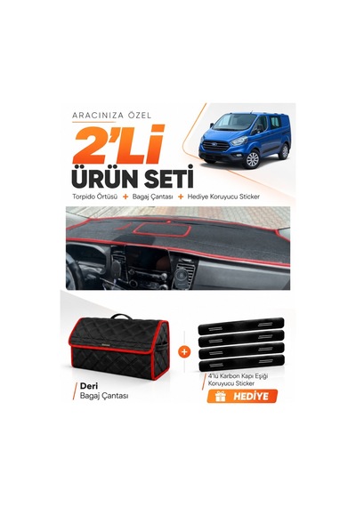 Ford Transit Custom 2016-2024 Uyumlu Torpido Örtüsü + Deri Bagaj Çantası + Sticker - Siyah Kırmızı