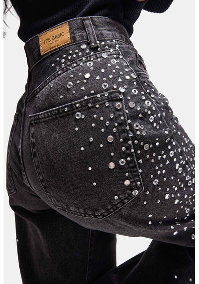 Kadın T-2w6-1 Loose Fit Parlak Taş Özel Tasarım Denim Jean Koyu Füme