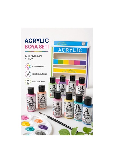 Chalk Akrilik Boya 10 Renkx40 Ml Fırça Hediyeli 1 Paket Monalisa Akrilik Boya Resim Dersi Tuval Ahşap Taş Boya Seti Çok Renkli