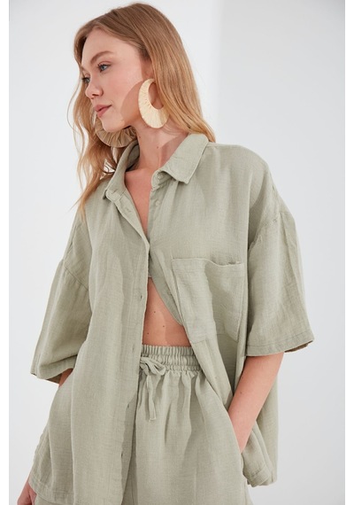 Manche Müslin Kadın Oversize Gömlek Olive Mks166965-01
