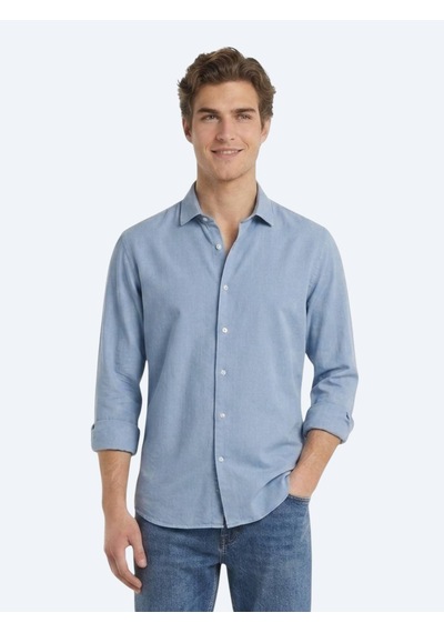 Kip Koyu İndigo Düz Regular Fit Uzun Dokuma Casual Pamuk Karışımlı Gömlek Mavi