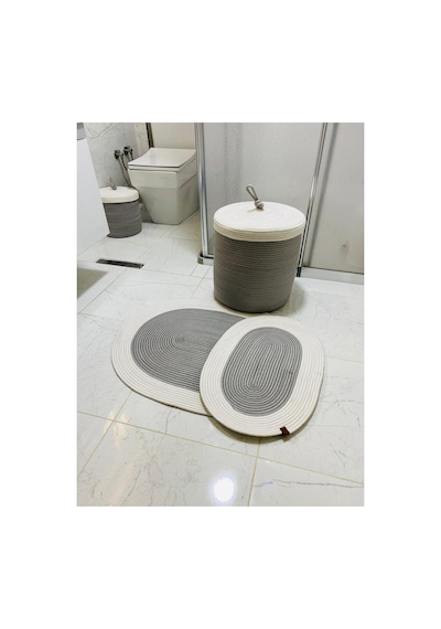 Jüt,hasır, 3 Lü Banyo Paspas Takımı, Bohem Tarzı Banyo Takımı,iskandinav Paspas/sepet Gri Krem Gri Krem