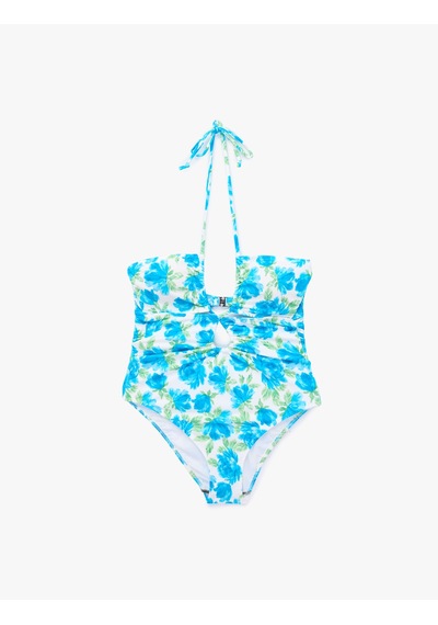 Koton Pencere Detaylı Çiçek Desenli Halter Yaka Mayo Mavi Desenli 6sak20108mm
