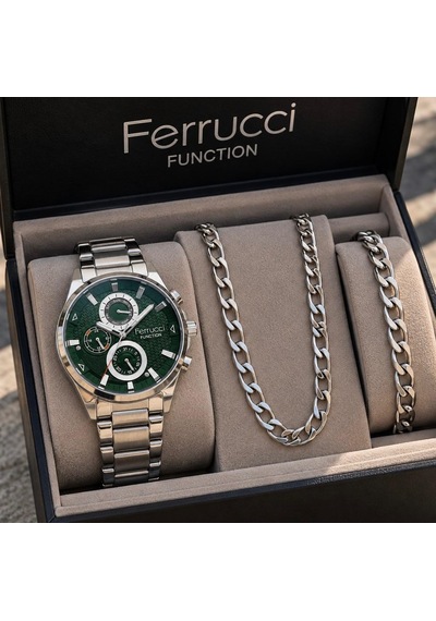 Ferrucci Fc39078 Çelik Kordon&kasa Fonksiyonları Aktif Erkek Kol Saati+%100 Çelik Takı Set Hediyeli Gümüş