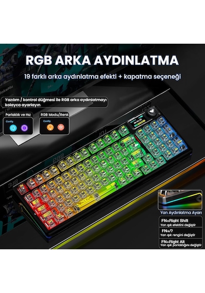 Aula F98 Pro V3 Oled Ekranlı Crystal Switch Makrolu Kablosuz Rgb Hot-swap Gasket Pre-lubed Switch Mekanik Klavye Şeffaf Siyah