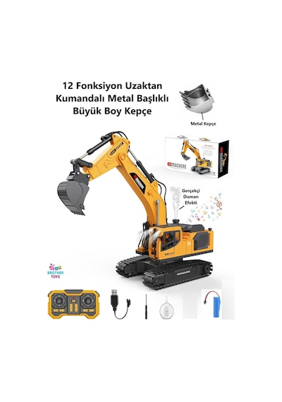 Dev Boy 40 Cm. Duman Çıkaran 12 Kanal 680 Derece Dönebilen Oyuncak Kepçe Metal Uzaktan Kumandalı Şarjlı Dozer Sarı