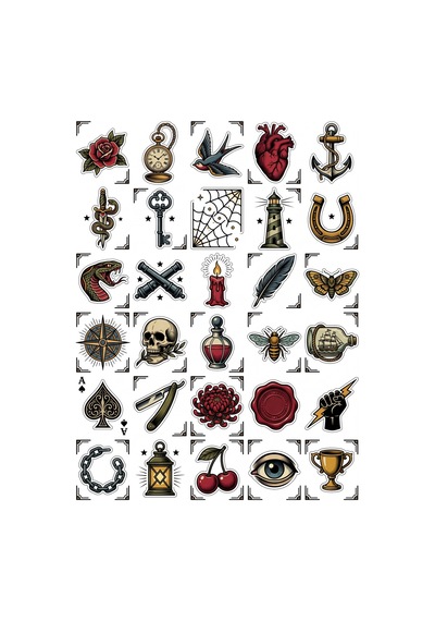 30 Adet Old School Dövme Sticker Seti - Laptop Telefon Defter Valiz İçin Çok Renkli