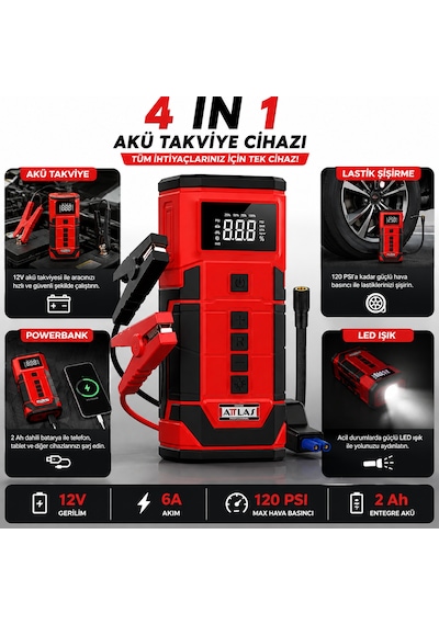 Attlas Ajs 12 4'ü 1 Arada Akü Takviye Cihazı 12v 6a 120 Psı Lastik Şişirme Powerbank Led