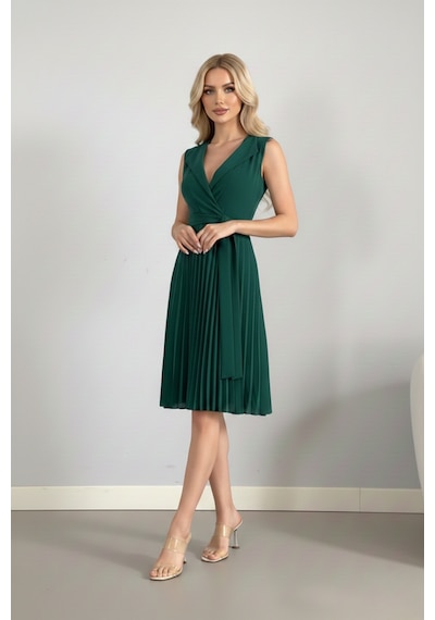 Defymoda Kadın Plise Detaylı Kuşaklı Modern Elbise Yeşil