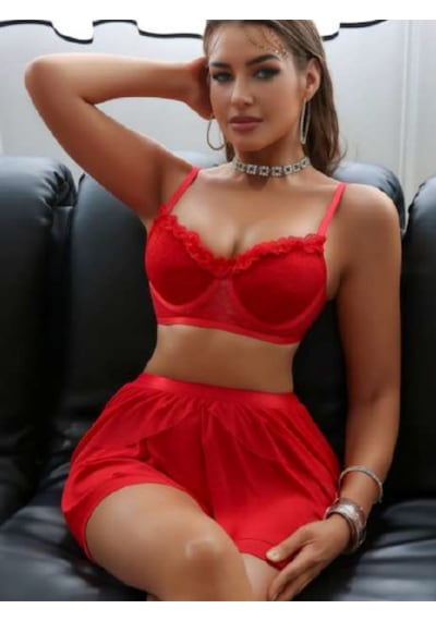 Kadın Kırmızı İki Parça Şık Askılı Gece Elbise Kırmızı