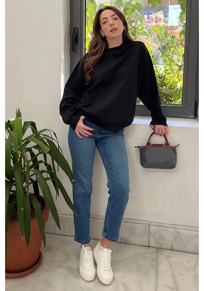 Siyah Bisiklet Yaka Basic Sweatshirt Mg2185