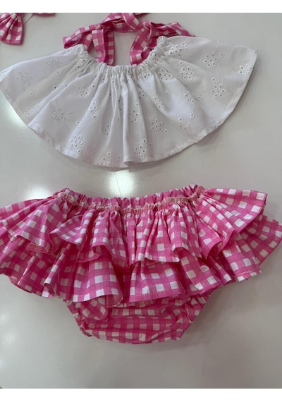 H L Y Karol Tasarım Pembe Kareli Crop Takım Kız Bebek Elbise,doğum Günü Elbise,fotoğraf Çekim Elbise,0-7 Yaş Uygun Pembe