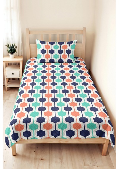 Geometrik Lacivert Genç Odası Tek Kişilik Pike Takımı - Mint Somon 160x220 Cm Kapitone Yatak Örtüsü Altın