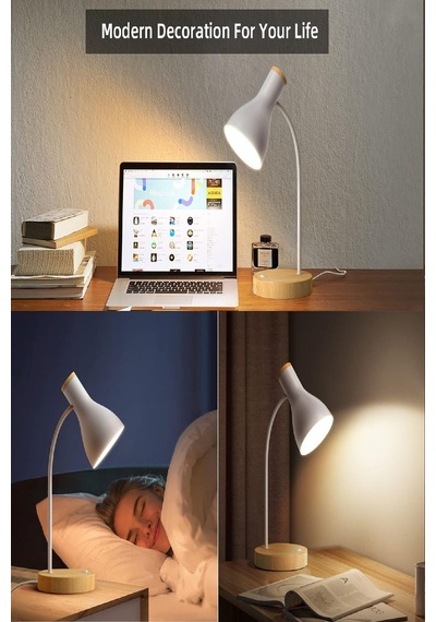 Usb Led Masa Lambası Gri Ahşap Tabanlı Modern Dekoratif, Şık Esnek Boyunlu Ofis Ve Çalışma Lambası Gri