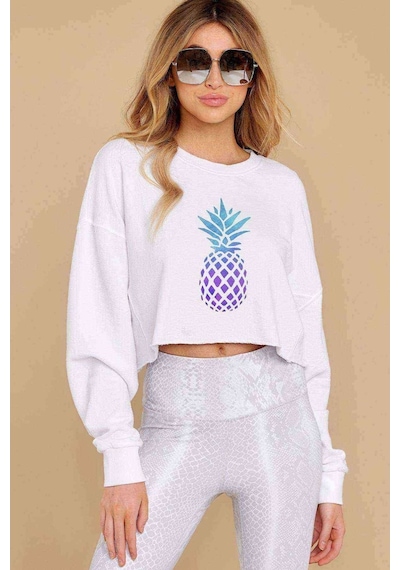 Watercolor Pineapple Baskılı Crop Kadın Beyaz Sweatshirt (534802206)