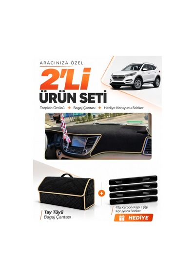 E-biz Hyundai Tucson 2016-2018 Uyumlu Torpido Örtüsü + Tay Tüyü Bagaj Çantası - Siyah-bej - Hu035