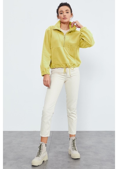 Tommy Life Limon Yarım Fermuar Etek Ucu Büzgülü Kadın Polar Oversize Sweatshirt - 97171 Limon Sarısı