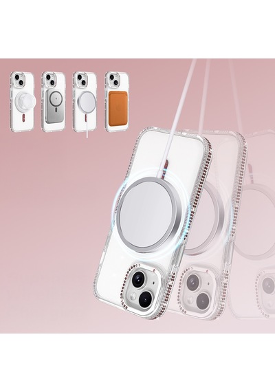 Apple iPhone Uyumlu 15 Kılıf Magsafe Şarj Özellikli Taşlı Lüx Tasarım Tera Silikon Kapak Mürdüm