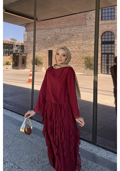 Riella Butik Mirel Volanlı Tesettür Takım Kırmızı