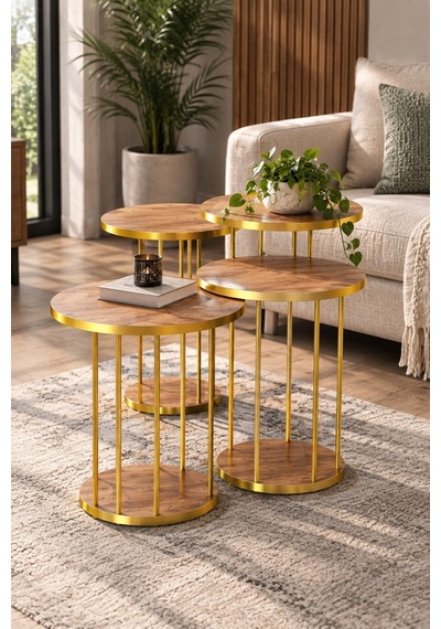 Sulorahome 4'lü Yuvarlak Sehpa Seti Ceviz Ve Gold Metal Ayaklı